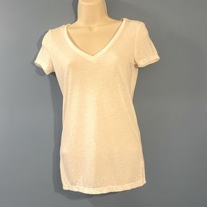American Eagle Outfitters V-Neck Tee - White with Faint Gold Design